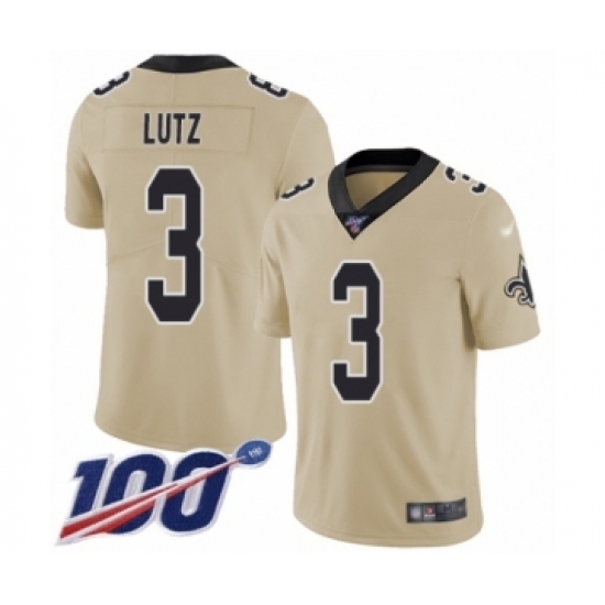 Men's New Orleans Saints #3 Wil Lutz Limited Gold Inverted Legend 100th Season Football Jersey