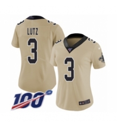 Women's New Orleans Saints #3 Wil Lutz Limited Gold Inverted Legend 100th Season Football Jersey