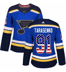 Women's Adidas St. Louis Blues #91 Vladimir Tarasenko Authentic Blue USA Flag Fashion NHL Jersey