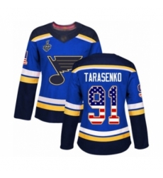 Women's St. Louis Blues #91 Vladimir Tarasenko Authentic Blue USA Flag Fashion 2019 Stanley Cup Final Bound Hockey Jersey