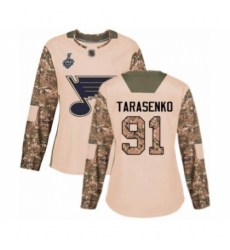 Women's St. Louis Blues #91 Vladimir Tarasenko Authentic Camo Veterans Day Practice 2019 Stanley Cup Final Bound Hockey Jersey