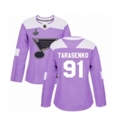 Women's St. Louis Blues #91 Vladimir Tarasenko Authentic Purple Fights Cancer Practice 2019 Stanley Cup Champions Hockey Jersey