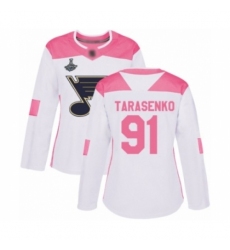 Women's St. Louis Blues #91 Vladimir Tarasenko Authentic White Pink Fashion 2019 Stanley Cup Champions Hockey Jersey