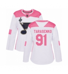 Women's St. Louis Blues #91 Vladimir Tarasenko Authentic White Pink Fashion 2019 Stanley Cup Final Bound Hockey Jersey