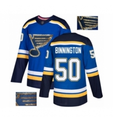 Men's St. Louis Blues #50 Jordan Binnington Authentic Royal Blue Fashion Gold Hockey Jersey