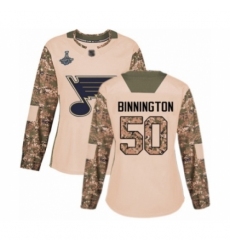 Women's St. Louis Blues #50 Jordan Binnington Authentic Camo Veterans Day Practice 2019 Stanley Cup Champions Hockey Jersey