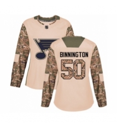 Women's St. Louis Blues #50 Jordan Binnington Authentic Camo Veterans Day Practice Hockey Jersey