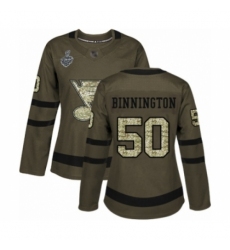 Women's St. Louis Blues #50 Jordan Binnington Authentic Green Salute to Service 2019 Stanley Cup Final Bound Hockey Jersey
