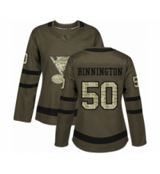 Women's St. Louis Blues #50 Jordan Binnington Authentic Green Salute to Service Hockey Jersey