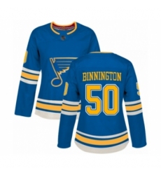 Women's St. Louis Blues #50 Jordan Binnington Authentic Navy Blue Alternate Hockey Jersey