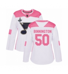 Women's St. Louis Blues #50 Jordan Binnington Authentic White Pink Fashion 2019 Stanley Cup Champions Hockey Jersey