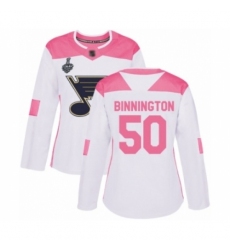 Women's St. Louis Blues #50 Jordan Binnington Authentic White Pink Fashion 2019 Stanley Cup Final Bound Hockey Jersey