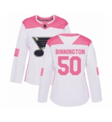 Women's St. Louis Blues #50 Jordan Binnington Authentic White Pink Fashion Hockey Jersey