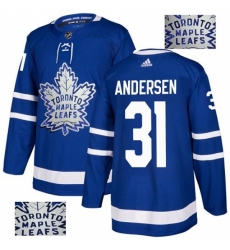 Men's Adidas Toronto Maple Leafs #31 Frederik Andersen Authentic Royal Blue Fashion Gold NHL Jersey
