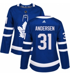 Women's Adidas Toronto Maple Leafs #31 Frederik Andersen Authentic Royal Blue Home NHL Jersey