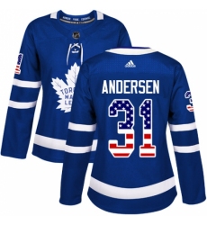 Women's Adidas Toronto Maple Leafs #31 Frederik Andersen Authentic Royal Blue USA Flag Fashion NHL Jersey