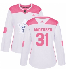 Women's Adidas Toronto Maple Leafs #31 Frederik Andersen Authentic White/Pink Fashion NHL Jersey