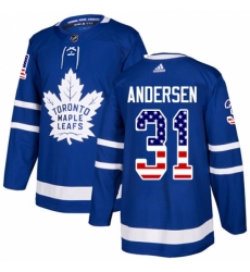 Youth Adidas Toronto Maple Leafs #31 Frederik Andersen Authentic Royal Blue USA Flag Fashion NHL Jersey