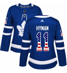 Women's Adidas Toronto Maple Leafs #11 Zach Hyman Authentic Royal Blue USA Flag Fashion NHL Jersey
