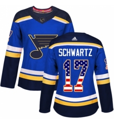 Women's Adidas St. Louis Blues #17 Jaden Schwartz Authentic Blue USA Flag Fashion NHL Jersey