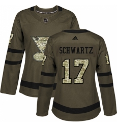 Women's Adidas St. Louis Blues #17 Jaden Schwartz Authentic Green Salute to Service NHL Jersey