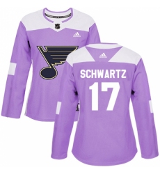 Women's Adidas St. Louis Blues #17 Jaden Schwartz Authentic Purple Fights Cancer Practice NHL Jersey