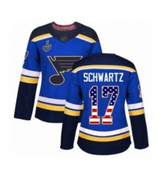 Women's St. Louis Blues #17 Jaden Schwartz Authentic Blue USA Flag Fashion 2019 Stanley Cup Final Bound Hockey Jersey