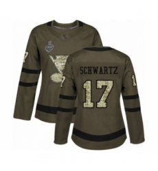 Women's St. Louis Blues #17 Jaden Schwartz Authentic Green Salute to Service 2019 Stanley Cup Final Bound Hockey Jersey