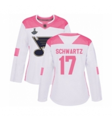 Women's St. Louis Blues #17 Jaden Schwartz Authentic White Pink Fashion 2019 Stanley Cup Champions Hockey Jersey