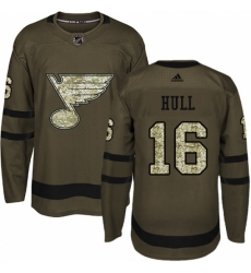 Men's Adidas St. Louis Blues #16 Brett Hull Authentic Green Salute to Service NHL Jersey