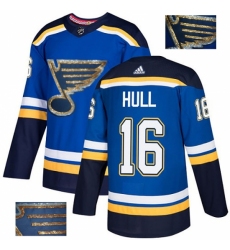 Men's Adidas St. Louis Blues #16 Brett Hull Authentic Royal Blue Fashion Gold NHL Jersey