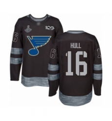 Men's St. Louis Blues #16 Brett Hull Authentic Black 1917-2017 100th Anniversary 2019 Stanley Cup Champions Hockey Jersey