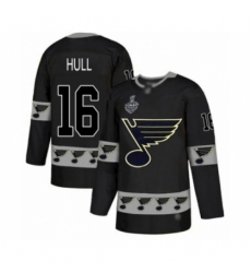 Men's St. Louis Blues #16 Brett Hull Authentic Black Team Logo Fashion 2019 Stanley Cup Final Bound Hockey Jersey