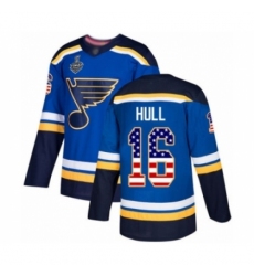Men's St. Louis Blues #16 Brett Hull Authentic Blue USA Flag Fashion 2019 Stanley Cup Final Bound Hockey Jersey