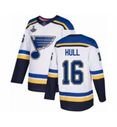 Men's St. Louis Blues #16 Brett Hull Authentic White Away 2019 Stanley Cup Champions Hockey Jersey