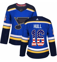 Women's Adidas St. Louis Blues #16 Brett Hull Authentic Blue USA Flag Fashion NHL Jersey