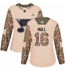 Women's Adidas St. Louis Blues #16 Brett Hull Authentic Camo Veterans Day Practice NHL Jersey