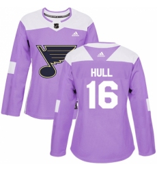 Women's Adidas St. Louis Blues #16 Brett Hull Authentic Purple Fights Cancer Practice NHL Jersey