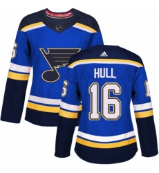 Women's Adidas St. Louis Blues #16 Brett Hull Authentic Royal Blue Home NHL Jersey