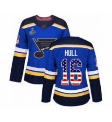 Women's St. Louis Blues #16 Brett Hull Authentic Blue USA Flag Fashion 2019 Stanley Cup Champions Hockey Jersey