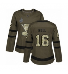 Women's St. Louis Blues #16 Brett Hull Authentic Green Salute to Service 2019 Stanley Cup Final Bound Hockey Jersey