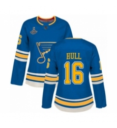 Women's St. Louis Blues #16 Brett Hull Authentic Navy Blue Alternate 2019 Stanley Cup Champions Hockey Jersey