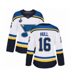 Women's St. Louis Blues #16 Brett Hull Authentic White Away 2019 Stanley Cup Final Bound Hockey Jersey