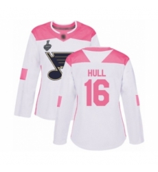 Women's St. Louis Blues #16 Brett Hull Authentic White Pink Fashion 2019 Stanley Cup Final Bound Hockey Jersey