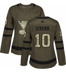 Women's Adidas St. Louis Blues #10 Brayden Schenn Authentic Green Salute to Service NHL Jersey