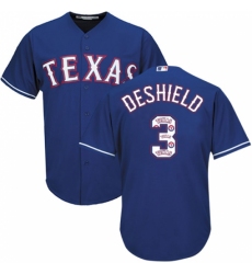 Men's Majestic Texas Rangers #3 Delino DeShields Authentic Royal Blue Team Logo Fashion Cool Base MLB Jersey