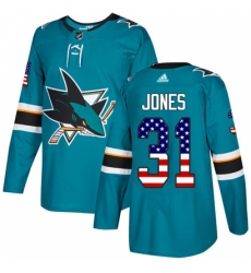 Men's Adidas San Jose Sharks #31 Martin Jones Authentic Teal Green USA Flag Fashion NHL Jersey