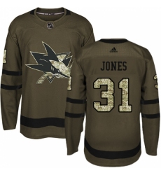 Men's Adidas San Jose Sharks #31 Martin Jones Premier Green Salute to Service NHL Jersey