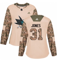 Women's Adidas San Jose Sharks #31 Martin Jones Authentic Camo Veterans Day Practice NHL Jersey