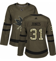 Women's Adidas San Jose Sharks #31 Martin Jones Authentic Green Salute to Service NHL Jersey